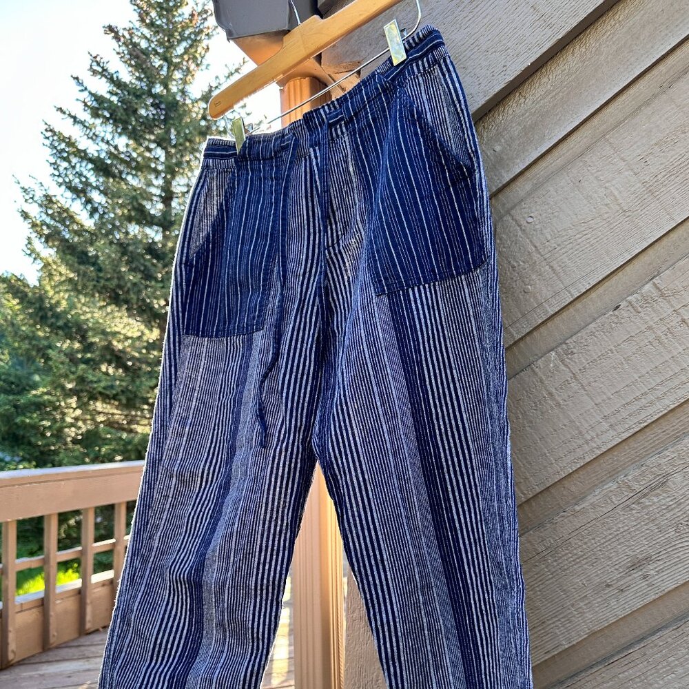 GAP Linen Blend Cropped Tie Waist Striped Pull-On Pant Contrast Patches